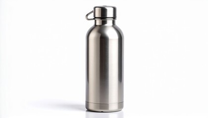 Sleek stainless steel water bottle with a carrying loop, isolated on a white background.