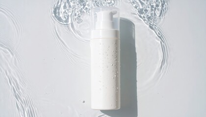 White cosmetic bottle with water droplets,  minimalist aesthetic,  top-down view.