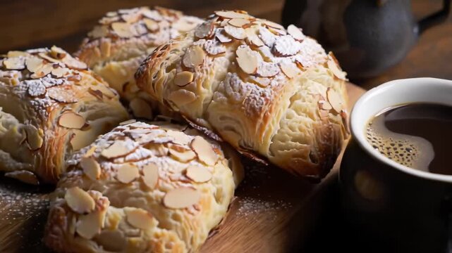 Almond pastries and coffee on a wooden table