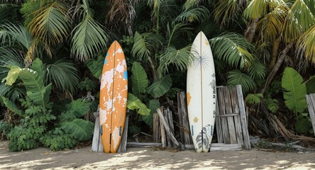 Two weathered surfboards leaning against a rustic wooden fence in a tropical setting.