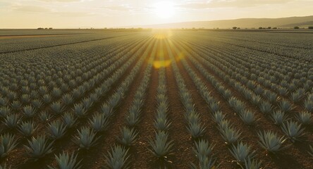 Vast Agava Field at Sunrise, Rows of Plants