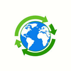 Stylized blue Earth globe with white continents, circled by three green recycling arrows.