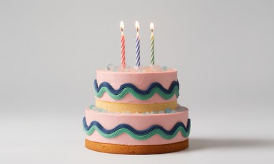 Vibrant Pink Birthday Cake with Colorful Candles and Wavy Frosting