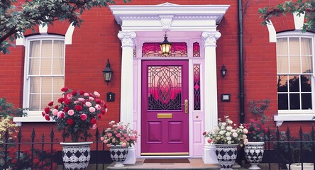 Vibrant Pink Doorway of a Classic Brick House with Blooming Roses