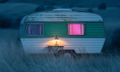Vintage Campervan in a Field at Dusk with Pink Light