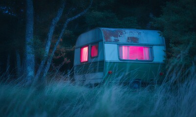 Vintage Campervan in a Mystical Night Forest