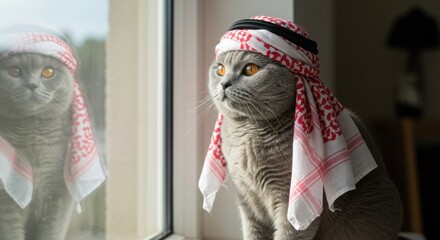 A grey Scottish Fold cat with orange eyes wearing a red and white Keffiyeh headscarf sits on a windowsill looking outside, with its reflection in the glass.