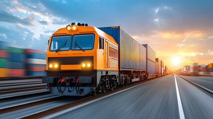 Naklejka premium Freight train transporting containers at sunset urban rail yard photography dynamic environment side view industrial concept