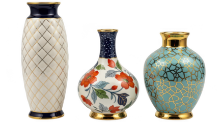 Collection of decorative vases with floral and geometric patterns isolated on transparent background