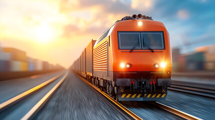 Naklejka premium Fast freight train approaching sunset railway tracks dynamic image outdoor environment perspective on motion