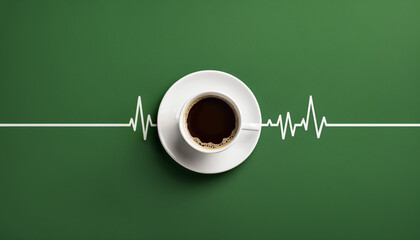 top view of a coffee cup integrated into an ekg heartbeat line on a green background