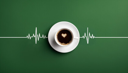 top view of a coffee cup integrated into an ekg heartbeat line on a green background