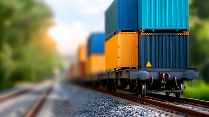 Fototapeta premium Freight train transporting colorful containers railway route photography natural setting close-up industrial movement
