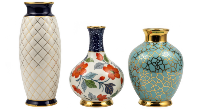 Collection of decorative vases with floral and geometric patterns isolated on transparent background