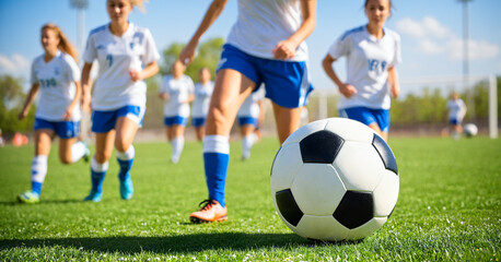 Fototapeta premium soccer ball on a green field with a women's football team training