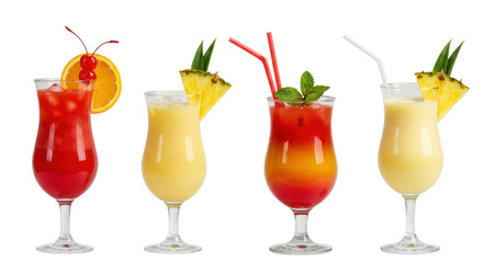 Assortment of colorful tropical summer fruit cocktails isolated PNG with Transparent Background
