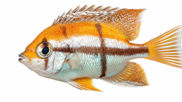 Ornate orange fish with white stripes, eye detail on white background