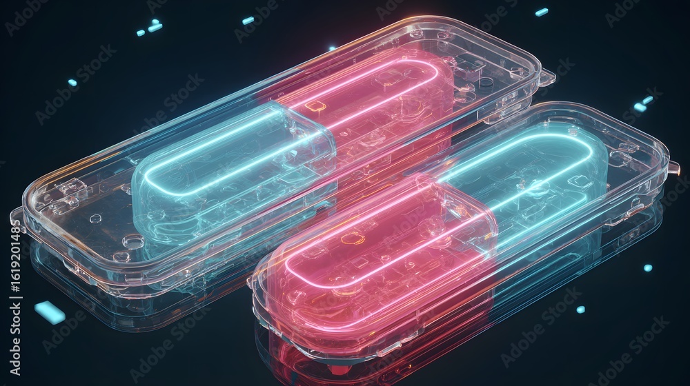 Poster two translucent capsules with glowing inner components.