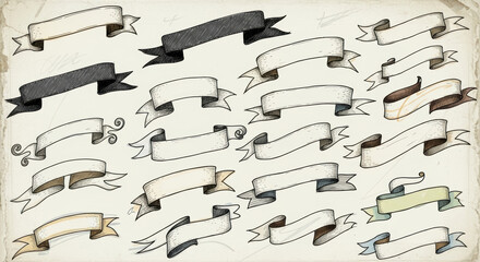 Naklejka premium Assorted hand drawn banner ribbons in various styles and shades on a textured background surface