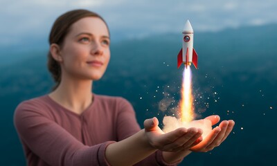Woman Holding a Rocket Launch in Her Hands