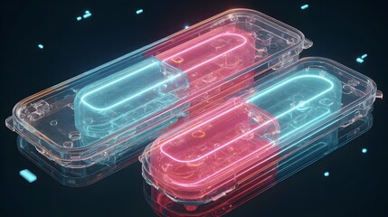 Two translucent capsules with glowing inner components.