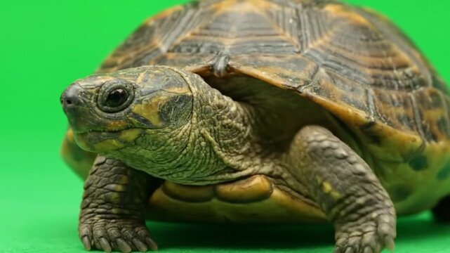 A turtle sits on a green surface its textured shell and wrinkled skin prominent