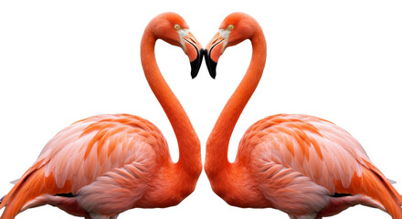 Obraz premium Two pink flamingos in love forming a heart shape isolated PNG with Transparent Background