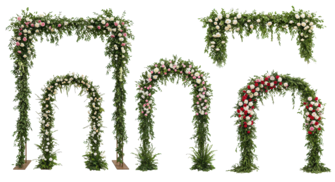 Collection of floral wedding arches and garlands for ceremony decoration isolated PNG with Transparent Background