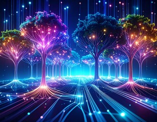 Dynamic Virtual Forest: Fast-Growing Glowing Trees & Interconnected Roots. Digital Nature, Data Ecosystem & Sustainable Tech