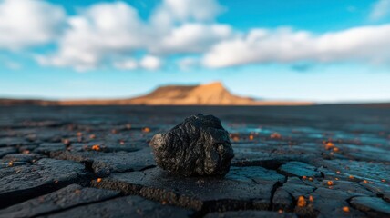 Fossil fuel landscape: A piece of coal in cracked ground against the sky