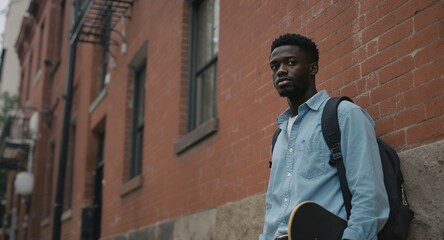 Young Man Leaning Against Brick Wall with Skateboard