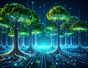 Dynamic Virtual Forest: Fast-Growing Glowing Trees & Interconnected Roots. Digital Nature, Data Ecosystem & Sustainable Tech