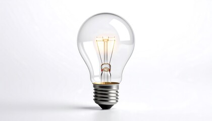 A glowing lightbulb radiating innovation against a clean white backdrop in clear glass