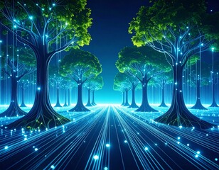 Dynamic Virtual Forest: Fast-Growing Glowing Trees & Interconnected Roots. Digital Nature, Data Ecosystem & Sustainable Tech