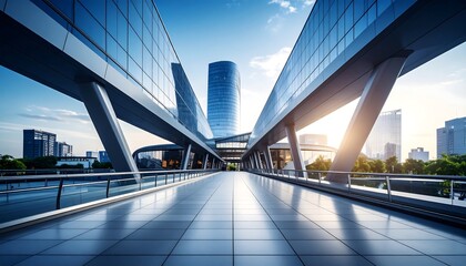 Fototapeta premium A futuristic glass skywalk connecting urban structures, reflecting blue sky