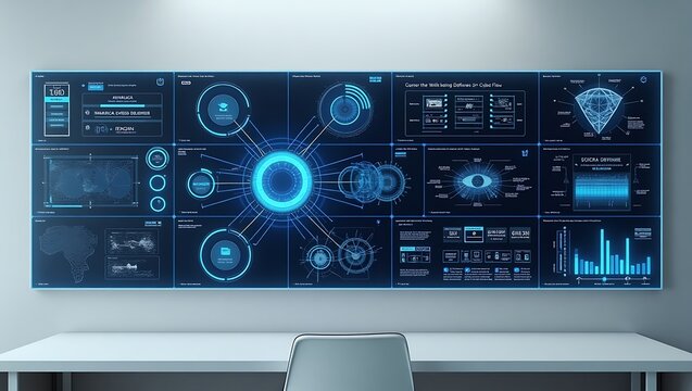 A large wall mounted display showing various data visualizations and graphical user interface elements