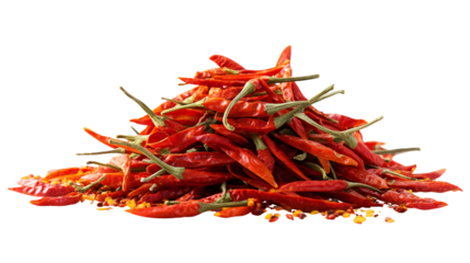 Dried red chili peppers spice pile black background
