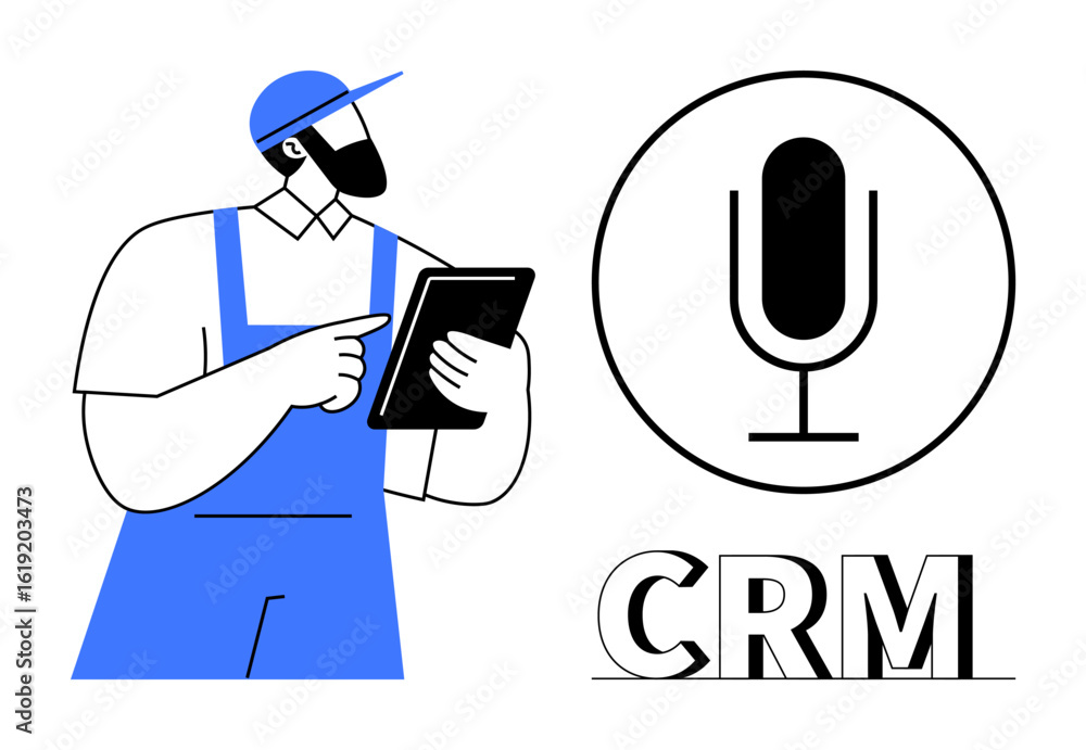 Poster mechanic holding tablet next to microphone icon and crm text represents technology-assisted workflow