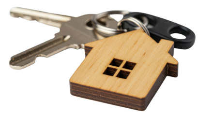 House key with a wooden house keychain isolated PNG with Transparent Background