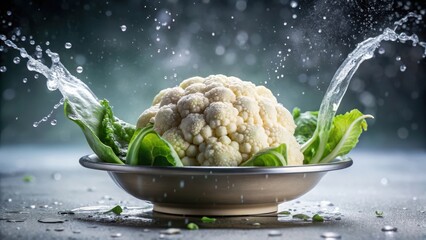 Close-up of succulent cauliflower with water splash in a shallow dish