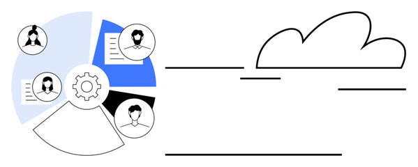 Circular teamwork diagram with profile avatars, gear, documents, and cloud connection in minimal design. Ideal for networking, cloud storage, teamwork, data sharing, collaboration technology