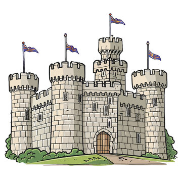 Cartoon Medieval Castle with Flags and Stone Walls Illustration