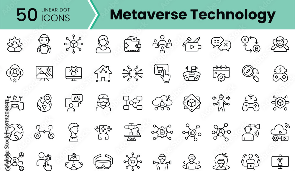 Poster a collection of 50 linear icons representing metaverse technology, showcasing various elements like 