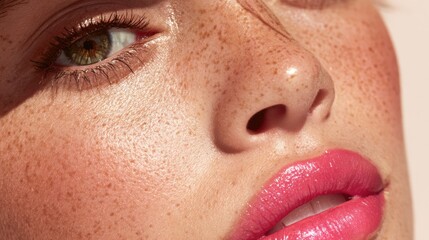 Glowing Skin and Vibrant Lipstick of Beauty Influencer Captured in Bright Light for a Stunning Close-Up Detail