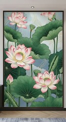 Elegant Lotus Blossom Art: A serene painting featuring lotus flowers and leaves