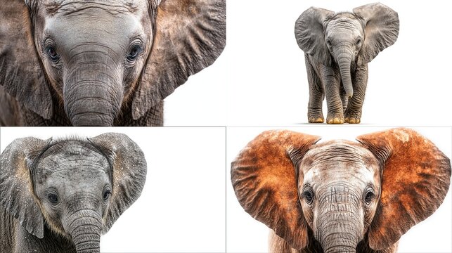 A quadriptych of close-up images showcases four young elephants against a stark white background; each displays unique angles and subtle variations in color and texture of their skin and ears