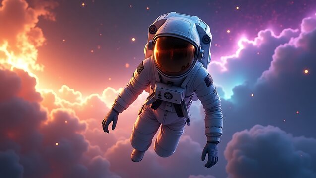 An astronaut floating in a colorful cloudscape with orange and purple hues and scattered starlight - Powered by Adobe