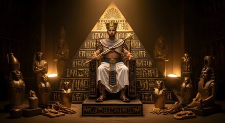 Pharaoh seated on throne surrounded by ancient Egyptian artifacts