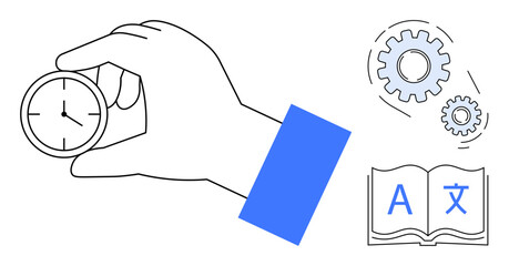 Hand holding small clock, open book with multilingual letters, two interlocking gears. Ideal for time management, learning, productivity, strategy, organization development education. Simple flat