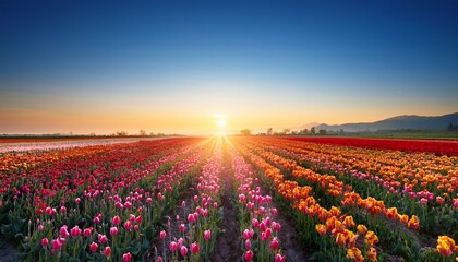 colorful tulip field blooming under clear blue sky at sunset in spring